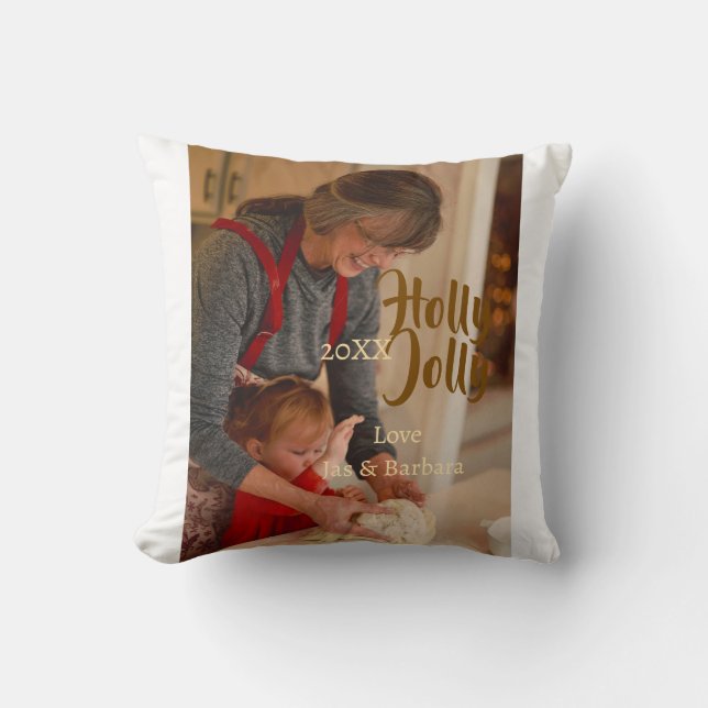 Holly Jolly family holiday photo beige year naboho Kissen (Vorderseite)