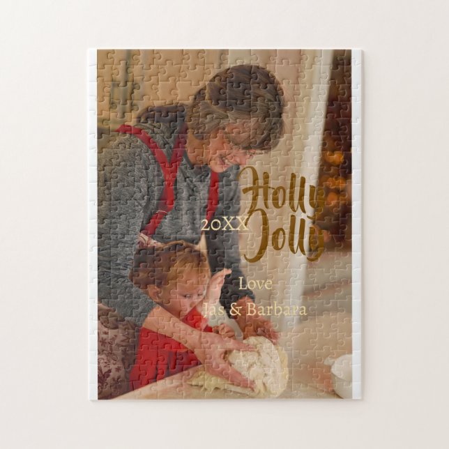 Holly Jolly family holiday photo beige year naboho Puzzle (Vertikal)