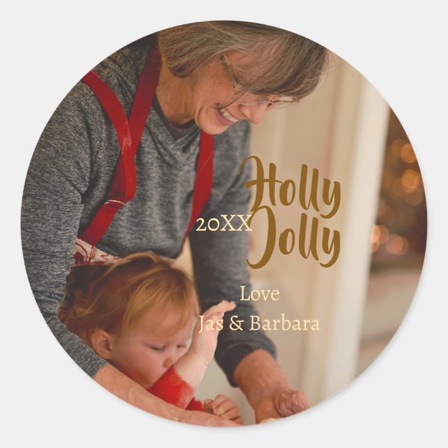 Holly Jolly family holiday photo beige year naboho Runder Aufkleber (Vorderseite)