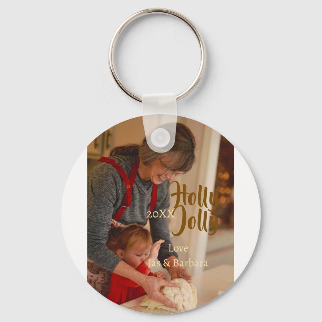 Holly Jolly family holiday photo beige year naboho Schlüsselanhänger (Vorderseite)