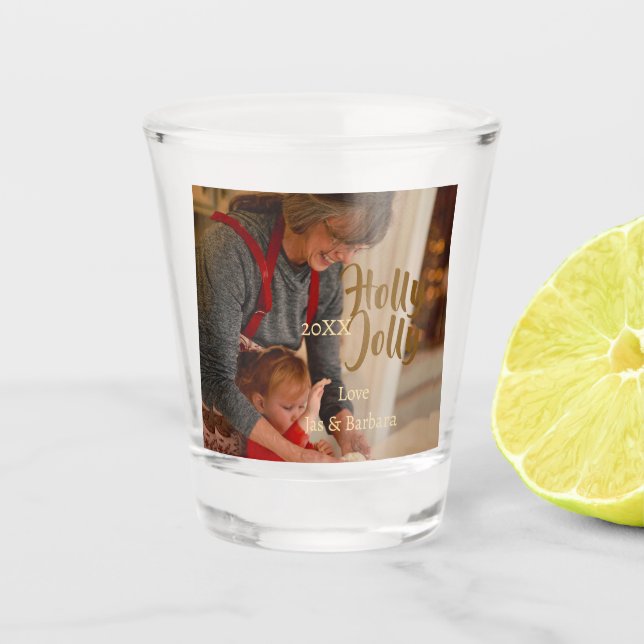 Holly Jolly family holiday photo beige year naboho Schnapsglas (Vorderseite)