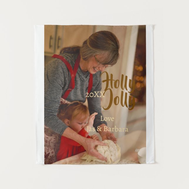 Holly Jolly family holiday photo beige year naboho Wandteppich (Vorderseite)