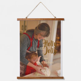 Holly Jolly family holiday photo beige year naboho Wandteppich Mit Holzrahmen