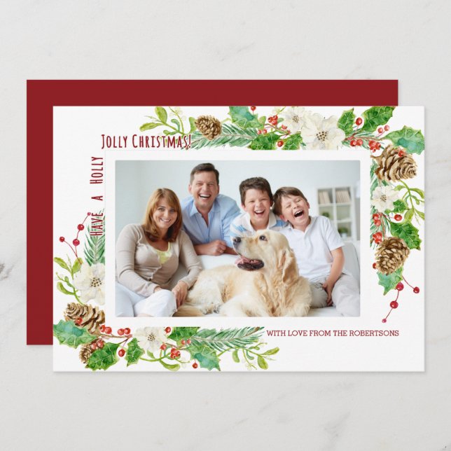 Holly Jolly Floral Christmas Einfach und modern Einladung (Vorne/Hinten)