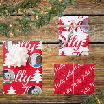 Holly Jolly Foto Collage Red White Christmas Geschenkpapier Set<br><div class="desc">Erstellen Sie Ihr eigenes personalisiertes Weihnachtspapier mit diesem Foto Collage Template Design in Holly Jolly rot und weiß. Lade deine Fotos in die runden Vorlagen hoch, in denen sie zum O im Typografie-Muster HOLLY und JOLLY werden, einer in Weiß auf Weihnachtsrot und einer in hellrot auf klassischem Weiß. Unter dem...</div>