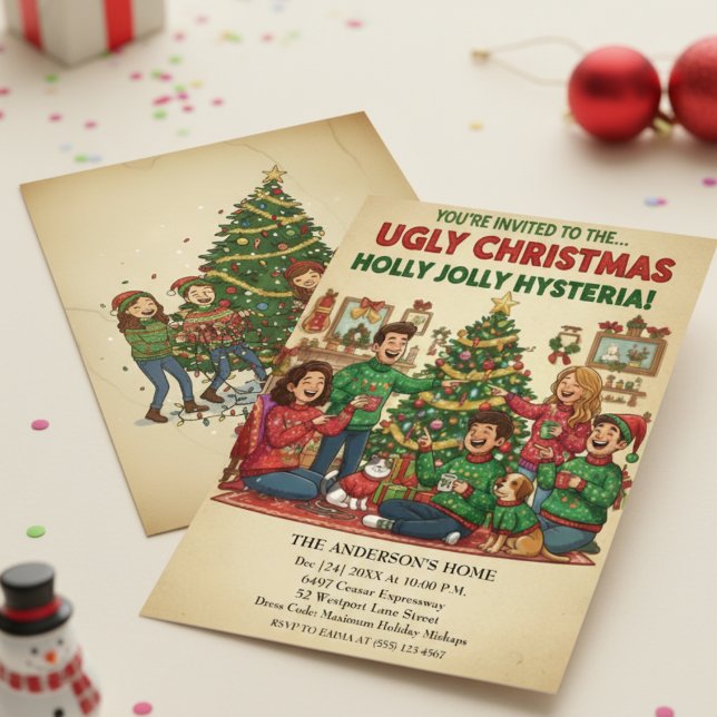 Holly Jolly Hysteria Ugly Sweater Christmas Party  Einladung (Von Creator hochgeladen)