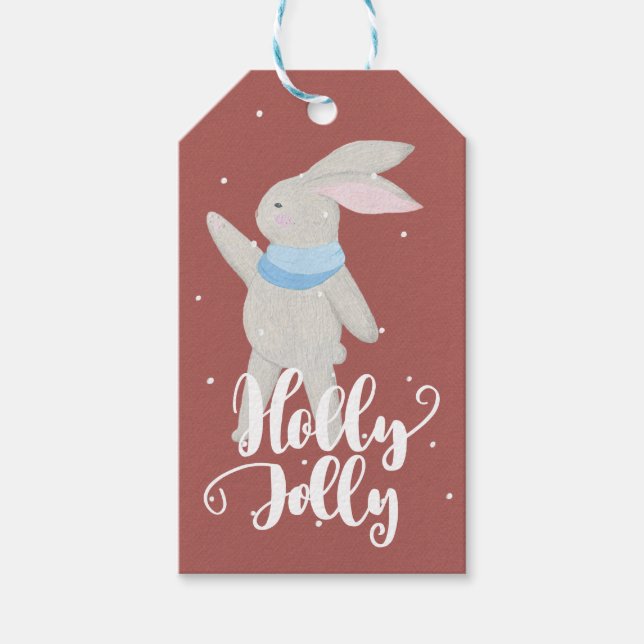 Holly Jolly Little Niedlich Bunny Dark Red und Blu Geschenkanhänger (Vorderseite)
