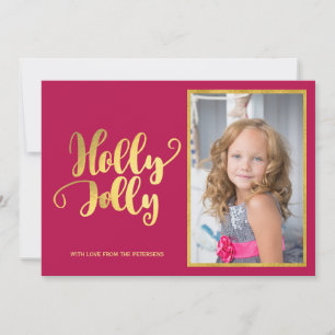 Holly Jolly magenta gold kalligraphisches Drehbuch Feiertagskarte