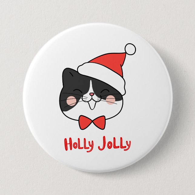 Holly Jolly Niedlich Kawaii Santa Cat Button (Vorderseite)