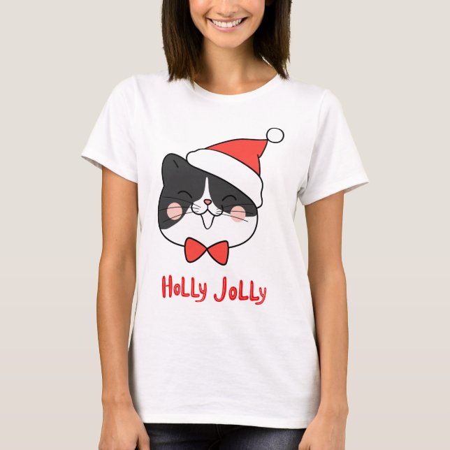 Holly Jolly Niedlich Kawaii Santa Cat T-Shirt (Vorderseite)