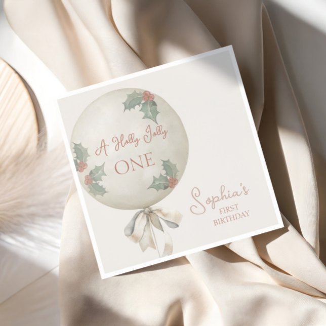 Holly Jolly ONE Christmas Vintage Balloon Birthday Serviette (Von Creator hochgeladen)