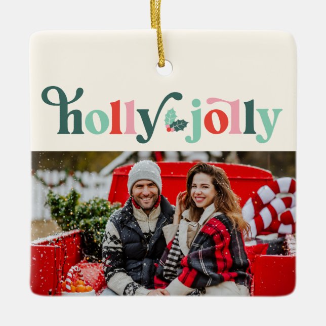 Holly Jolly Retro Foto Ornament (Vorderseite)