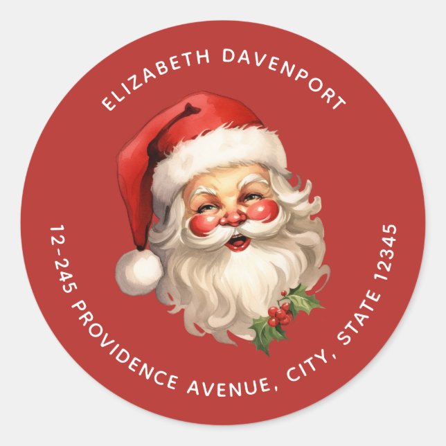 Holly Jolly Santa Claus Retro Weihnachtsadresse Runder Aufkleber (Vorderseite)