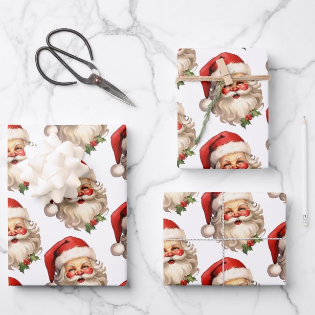 Holly Jolly Santa Claus Retro Weihnachtsmuster Geschenkpapier Set (Vorderseite)