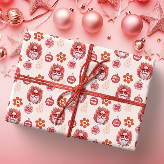 Holly Jolly Santa Vibes Pink Retro Holiday Geschenkpapier (Von Creator hochgeladen)