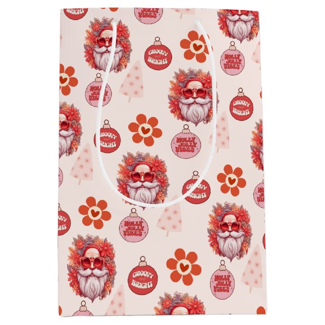 Holly Jolly Santa Vibes Pink Retro Holiday Mittlere Geschenktüte (Vorderseite)