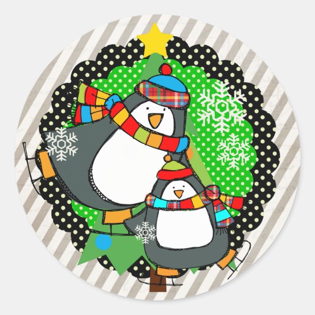Holly Jolly Skaten Penguins Round Sticker (Vorderseite)