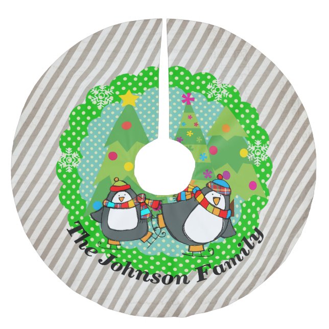 Holly Jolly Skaten Penguins Tree Skirt Polyester Weihnachtsbaumdecke (Vorderseite)
