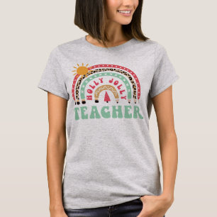 Holly Jolly Teacher Leopard Retro Rainbow Teacher T-Shirt