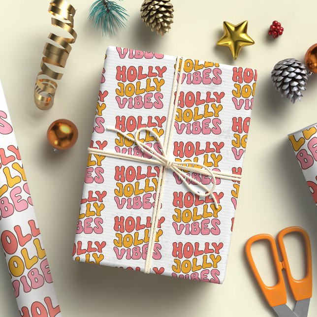 Holly Jolly Vibes Groovy Retro Weihnachten Geschenkpapier (Von Creator hochgeladen)