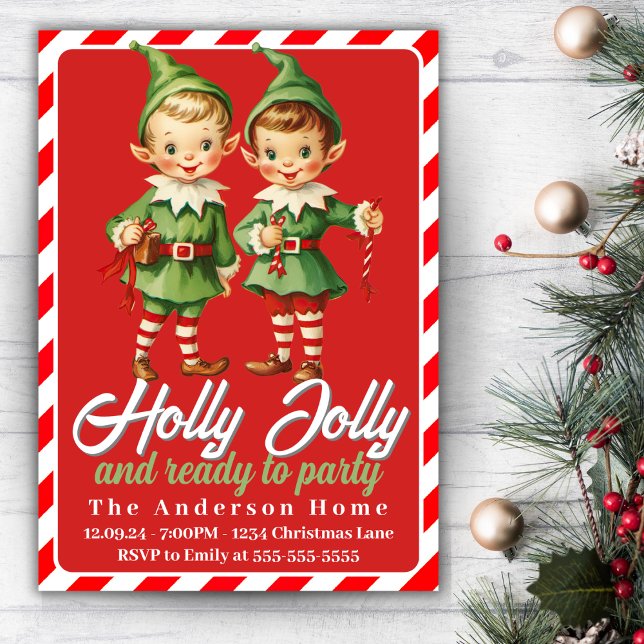 Holly Jolly Vintage Weihnachtselfen Feiertag Party Einladung (Holly Jolly Vintage Christmas Elves Holiday Party Invitation)