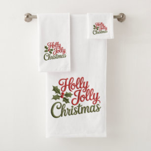 Holly Jolly Weihnachtsstickerei Typografie Badhandtuch Set