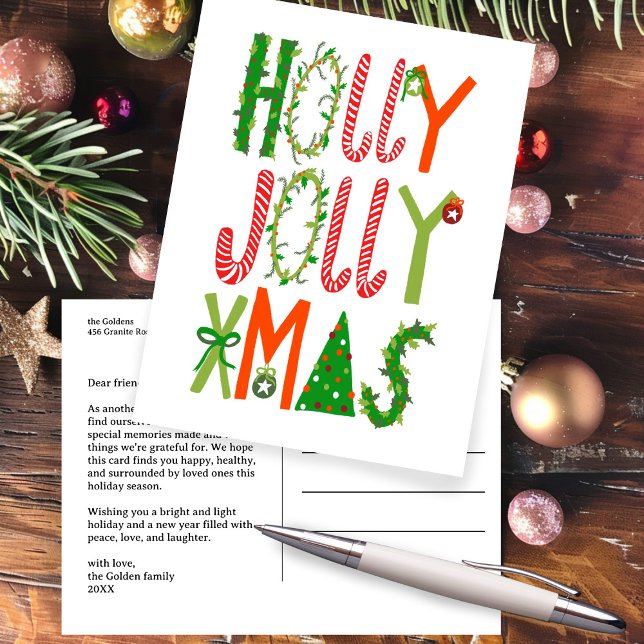 HOLLY JOLLY XMAS Briefe Weihnachts-CUSTOM Postkarte (HOLLY JOLLY XMAS Lettering Christmas CUSTOM Non-Photo Holiday Postcard
)