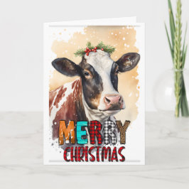 Holly Merry Christmas Brown Cow Card Karte