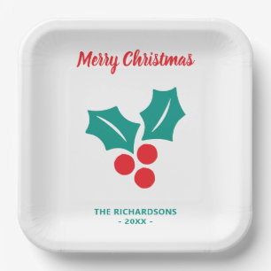 Holly Merry Christmas Red White Green Individuelle Pappteller