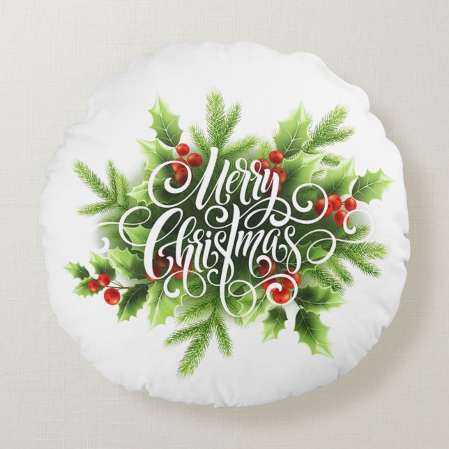 Holly Merry Christmas Round Pillow Rundes Kissen (Vorderseite)