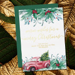Holly Mistletoe und Christmas Red Truck Gold Folien Feiertagskarte<br><div class="desc">Elegante und traditionelle Urlaubskarte mit luxuriöser Goldfolie,  handgeschriebener Schrift und Aquarellgestaltung. Das Design umfasst heilige Pflanze,  Misteloe,  Kiefernspieße und einen Vintagen roten LKW mit Weihnachtsbaum,  der mit Streichlichter dekoriert ist. Die Vorlage ist Set für Sie,  um Ihr Zeichen und Namen hinzuzufügen.</div>