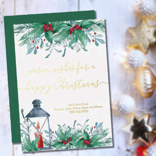Holly Mistletoe und Lantern Happy Christmas Gold Folien Feiertagskarte
