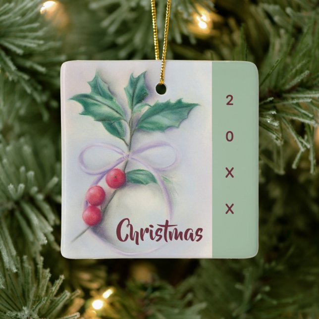Holly mit Bow Pastel Weihnachten Keramikornament (Baum)