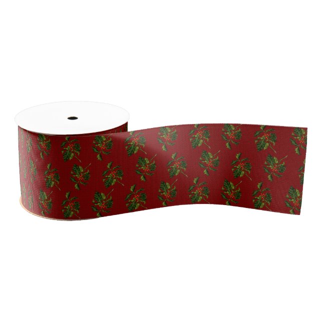 Holly mit Red Berries on Red Texture Ripsband (Spule)
