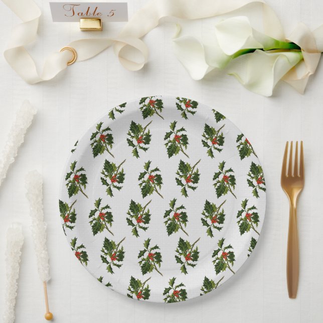 Holly mit Red Berries über Elfenbeingewebe Pappteller (Hochzeit)