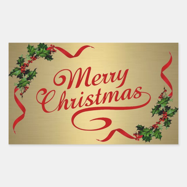 Holly mit Ribbons auf Gold-Aufkleber Rechteckiger Aufkleber (Vorderseite)