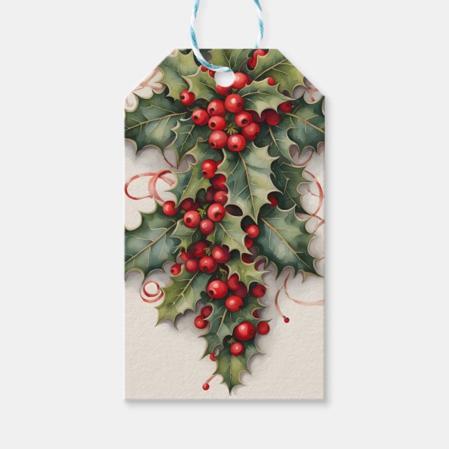 Holly mit Vibrant Red Berries Weihnachten Geschenkanhänger (Vorderseite)