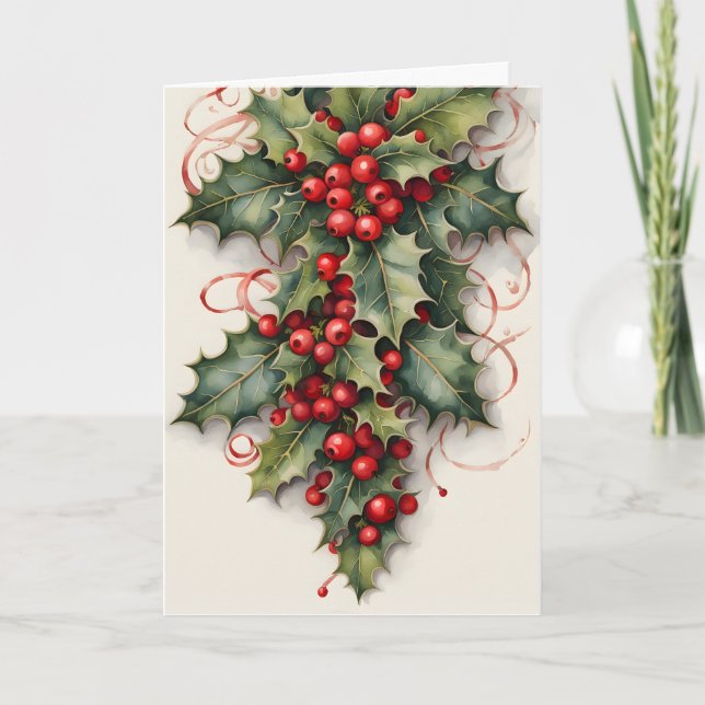 Holly mit Vibrant Red Berries Weihnachten Karte (Vorderseite)