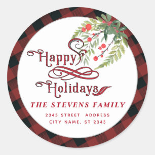 Holly Modern kariert red script Happy Holidays Runder Aufkleber