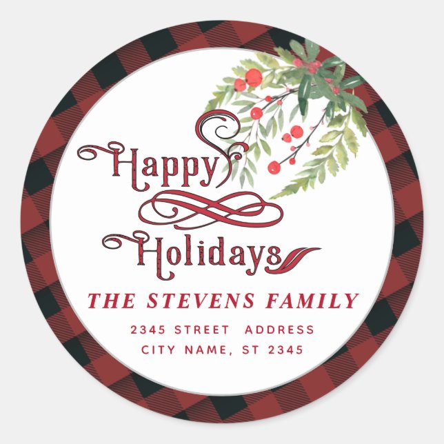Holly Modern kariert red script Happy Holidays Runder Aufkleber (Vorderseite)