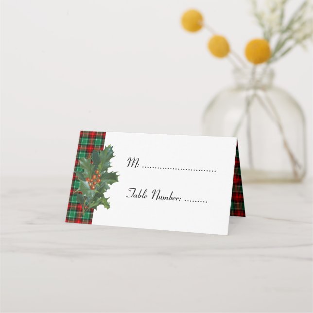 Holly on Red Green Kariert Holiday Table Cards Platzkarte (Vorderseite)