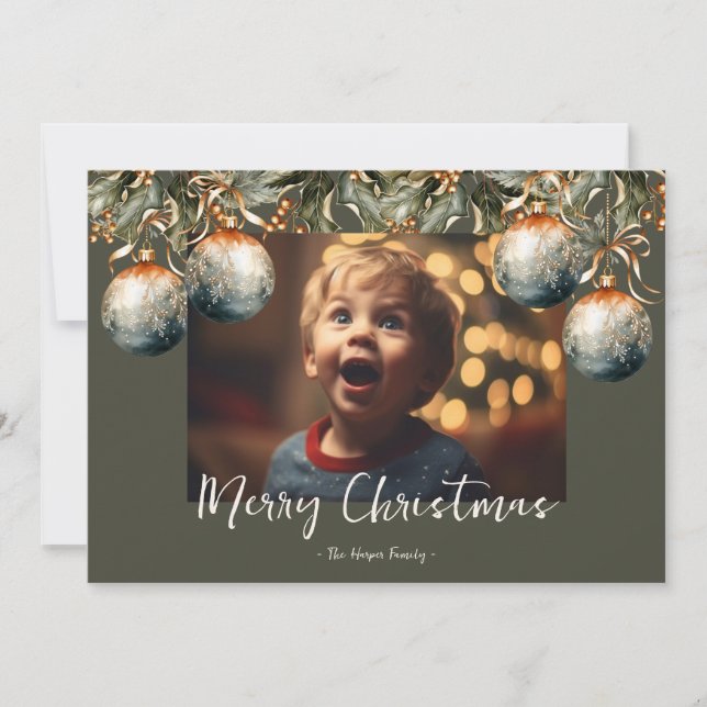 Holly-Ornament-Foto Feiertagskarte (Vorderseite)