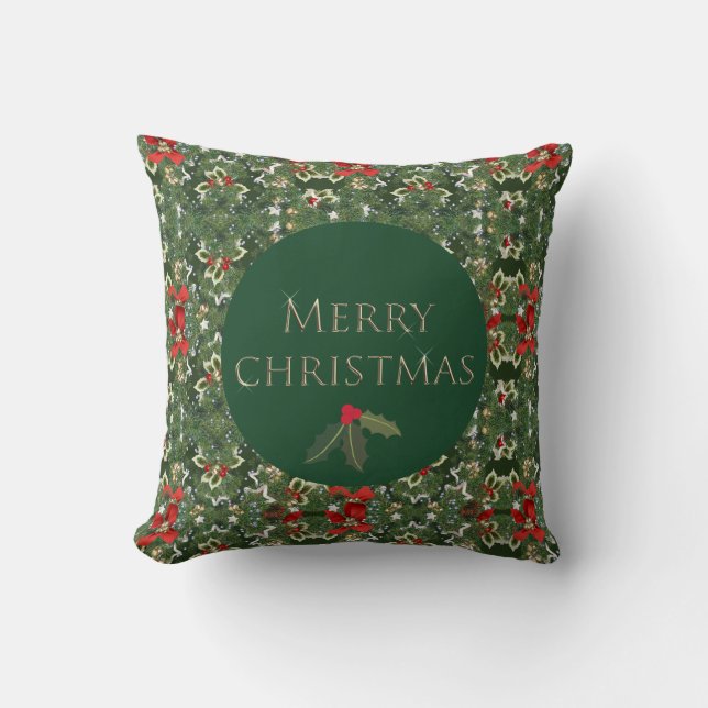 Holly Pattern Green und Red Christmas Square Kissen (Vorderseite)