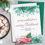 Holly Pflanze Mistletoe und Red Truck Weihnachten<br><div class="desc">Elegante,  einfache und traditionelle Urlaubskarte mit Aquarelldesign und handgeschriebener Schrifttyp. Das Design umfasst heilige Pflanze,  Misteloe,  Kiefernspieße und einen Vintagen roten LKW mit Weihnachtsbaum,  der mit Streichlichter dekoriert ist. Die Vorlage ist Set für Sie,  um Ihr Zeichen und Namen hinzuzufügen.</div>