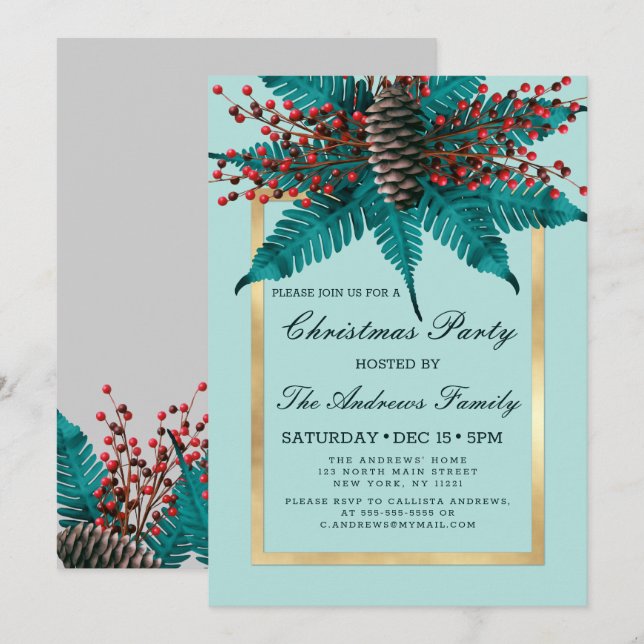 Holly Pine Cone Bouquet Gold Border Einladung (Vorne/Hinten)