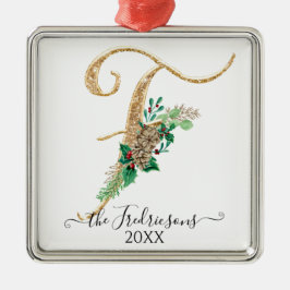 Holly Pine Cone Christmas Gold Glitzer Monogram F Ornament Aus Metall