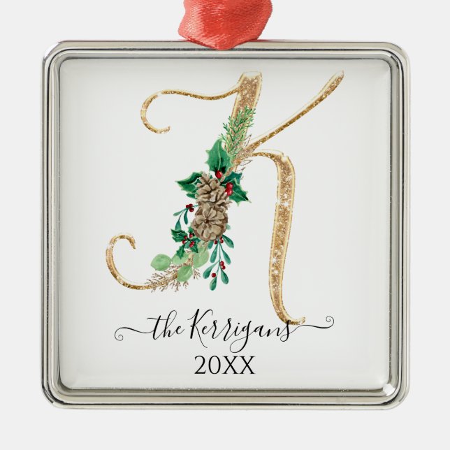 Holly Pine Cone Monogram K Gold Glitzer Weihnachte Ornament Aus Metall (Vorne)