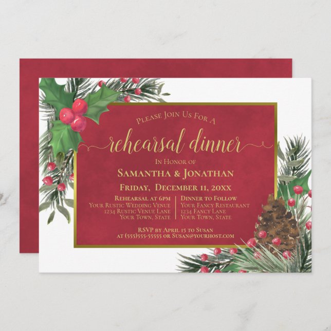 Holly & Pine Holiday Hochzeit Probe Dinner Einladung (Vorne/Hinten)