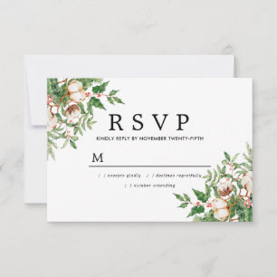 Holly Pine White Floral Winter Wedding RSVP Karte