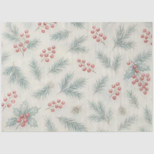 Holly & Pine Winter Botanical Background Decoupage Seidenpapier (Vorderseite)